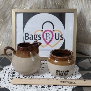 VINTAGE BROWN DIP POTTERY MINI PITCHER AND BOSTOM BAKED BEAN POT EUC